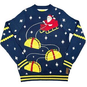 Tipsy Elves Sweater Mens Size Medium Santa Sleigh Tacos Funny Comedy Tacky Blue